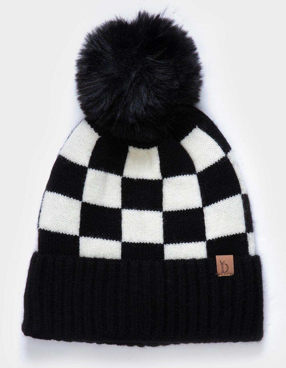 Checkered Pom Womens Beanie - BLACK Product Image