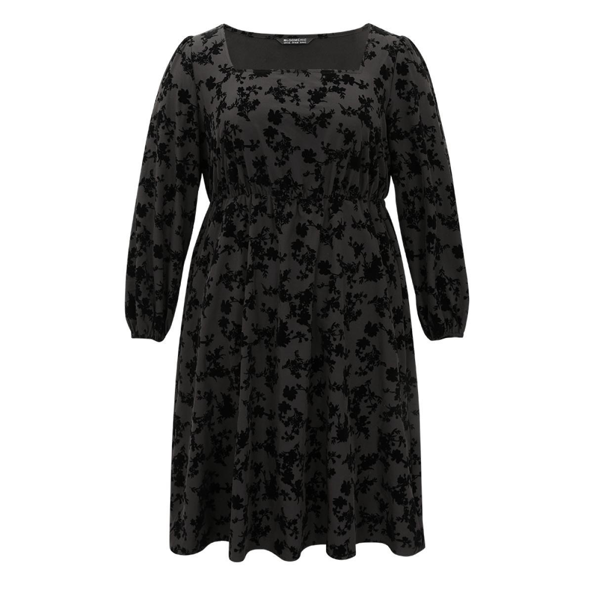 Plus Size Silhouette Floral Print Flocking Square Neck Gathered Dress Black Women Office Elastic cuffs Square Neck Long Sleeve Curvy Midi Dress BloomChic 14-16/1X Product Image