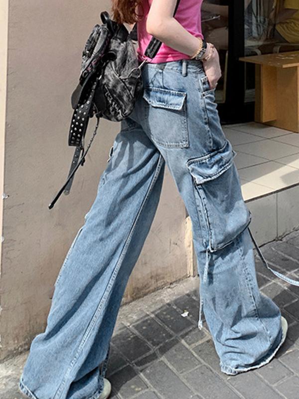 Light Wash Low Rise Big Pocket Cargo Jeans Product Image