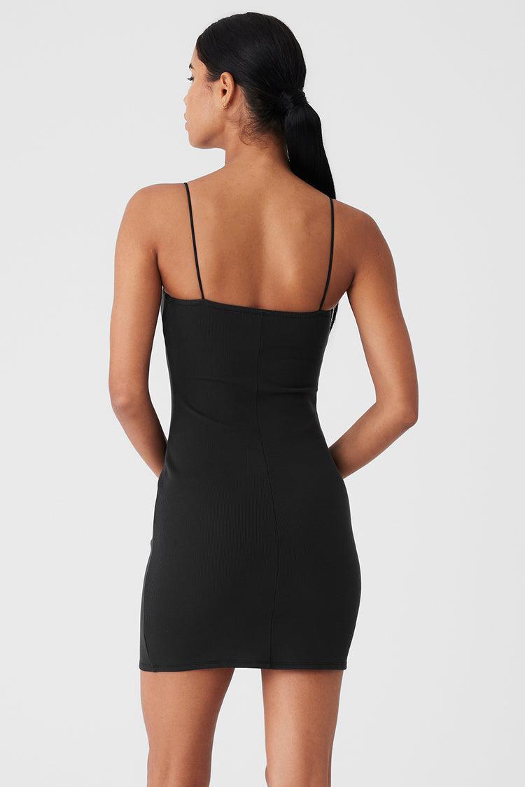 Goddess Ribbed Spaghetti Strap Dress - Black Product Image