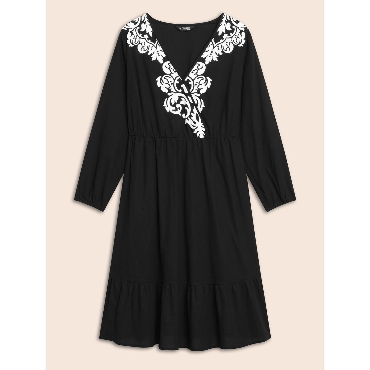 Plus Size Boho Print Overlap Collar Midi Dress Black Women Resort Non Overlap Collar Long Sleeve Curvy BloomChic 10/M Product Image