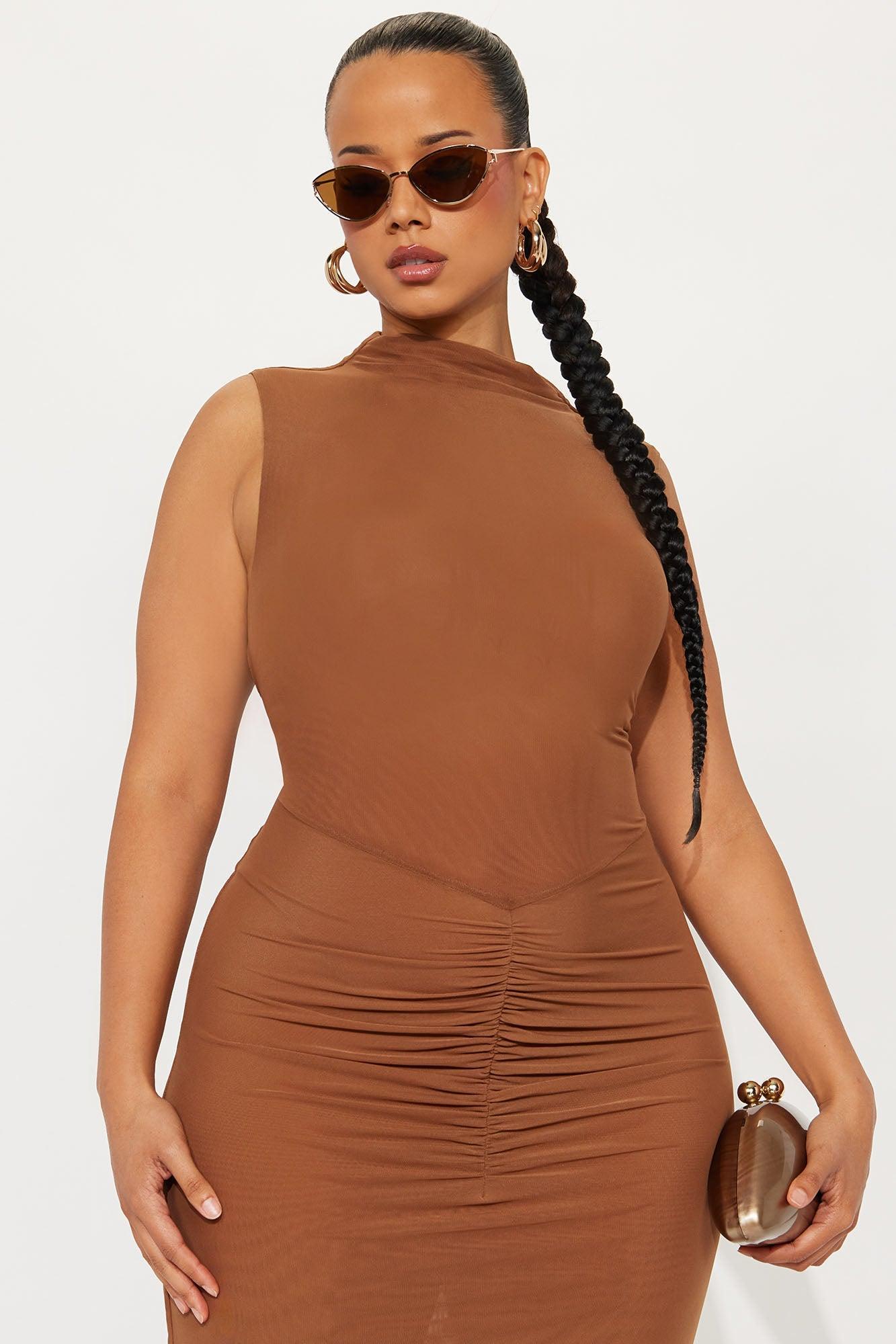 Vivian Sheer Mock Neck Maxi Dress - Cognac Product Image