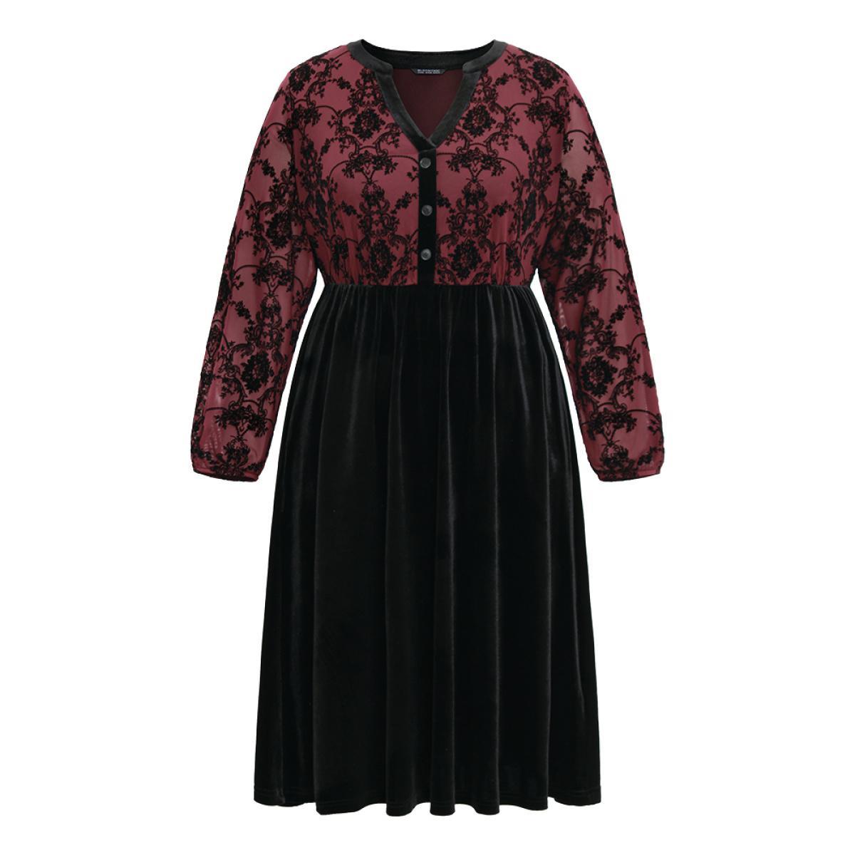 Plus Size Silhouette Floral Print Patchwork Flocking Notched Dress Russet Women Office Velvet Notched collar Long Sleeve Curvy Midi Dress BloomChic 30/6X Product Image