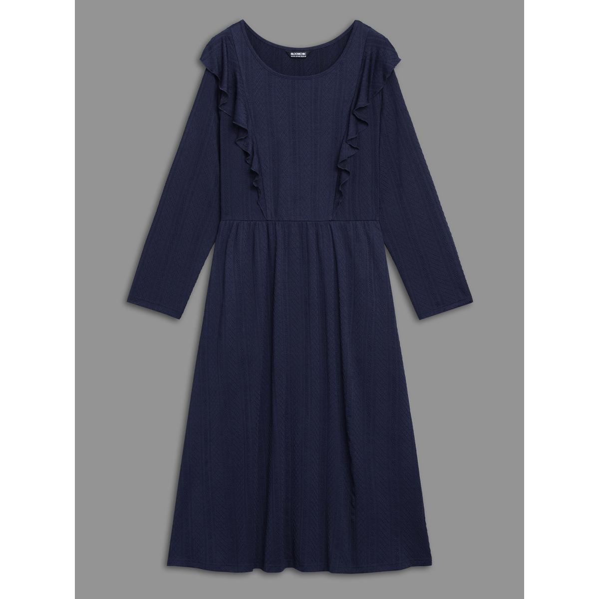 Plus Size Plain Crew Neck Ruffle Trim Plisse Dress Midnight Women Casual Texture Knit Dresses Bloomchic 22-24/3X Product Image