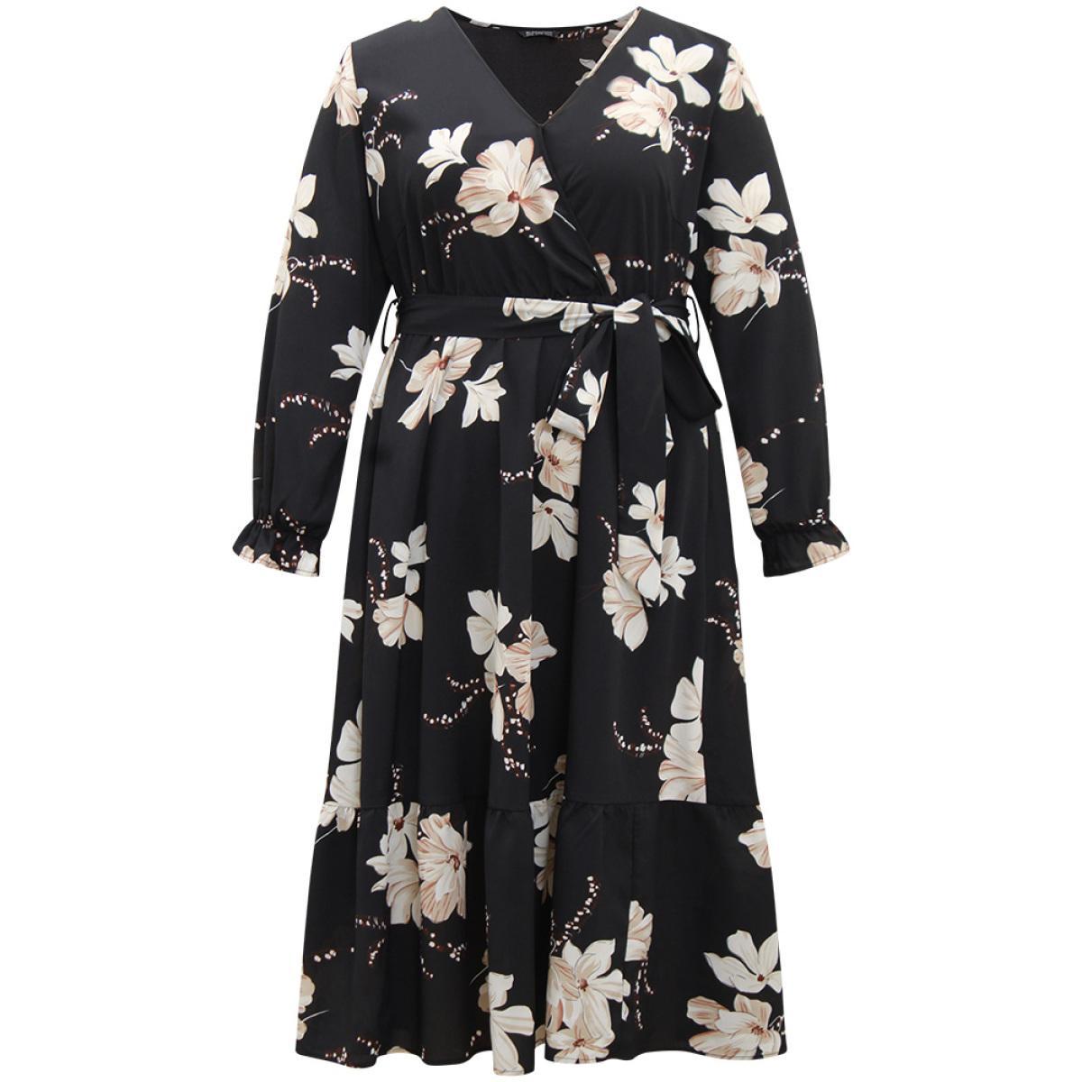 Plus Size Floral Print Flutter Sleeve Belted Surplice Neck Dress Black Women Elegant Wrap Overlap Collar Long Sleeve Curvy Midi Dress BloomChic 18-20/2X Product Image