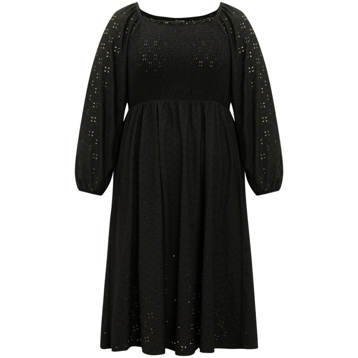 Plus Size Plain Square Neck Laser Cut Lantern Sleeve Dress Black Women Elegant Elastic cuffs Square Neck Long Sleeve Curvy Midi Dress BloomChic 26/4X Product Image
