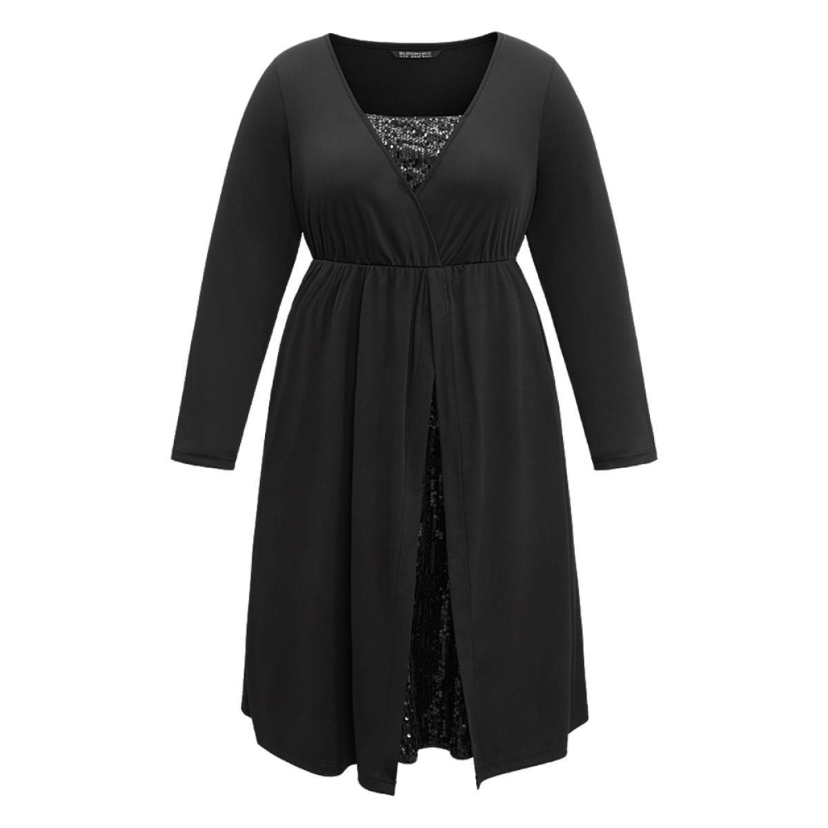 Plus Size Plain Sequin Patchwork Elastic Waist Dress Black Women Glamour Sequin Square Neck Long Sleeve Curvy Midi Dress BloomChic 12/L Product Image