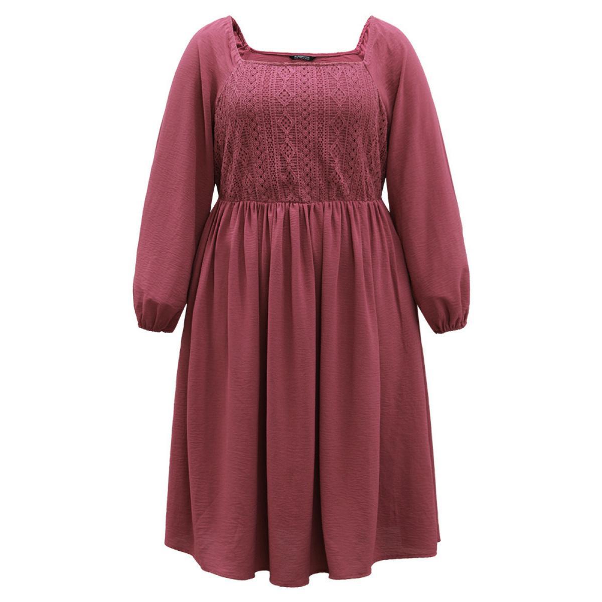 Plus Size Crochet Lace Square Neck Elastic Cuffs Dress DustyPink Women Elegant Elastic cuffs Square Neck Long Sleeve Curvy Midi Dress BloomChic 26/4X Product Image