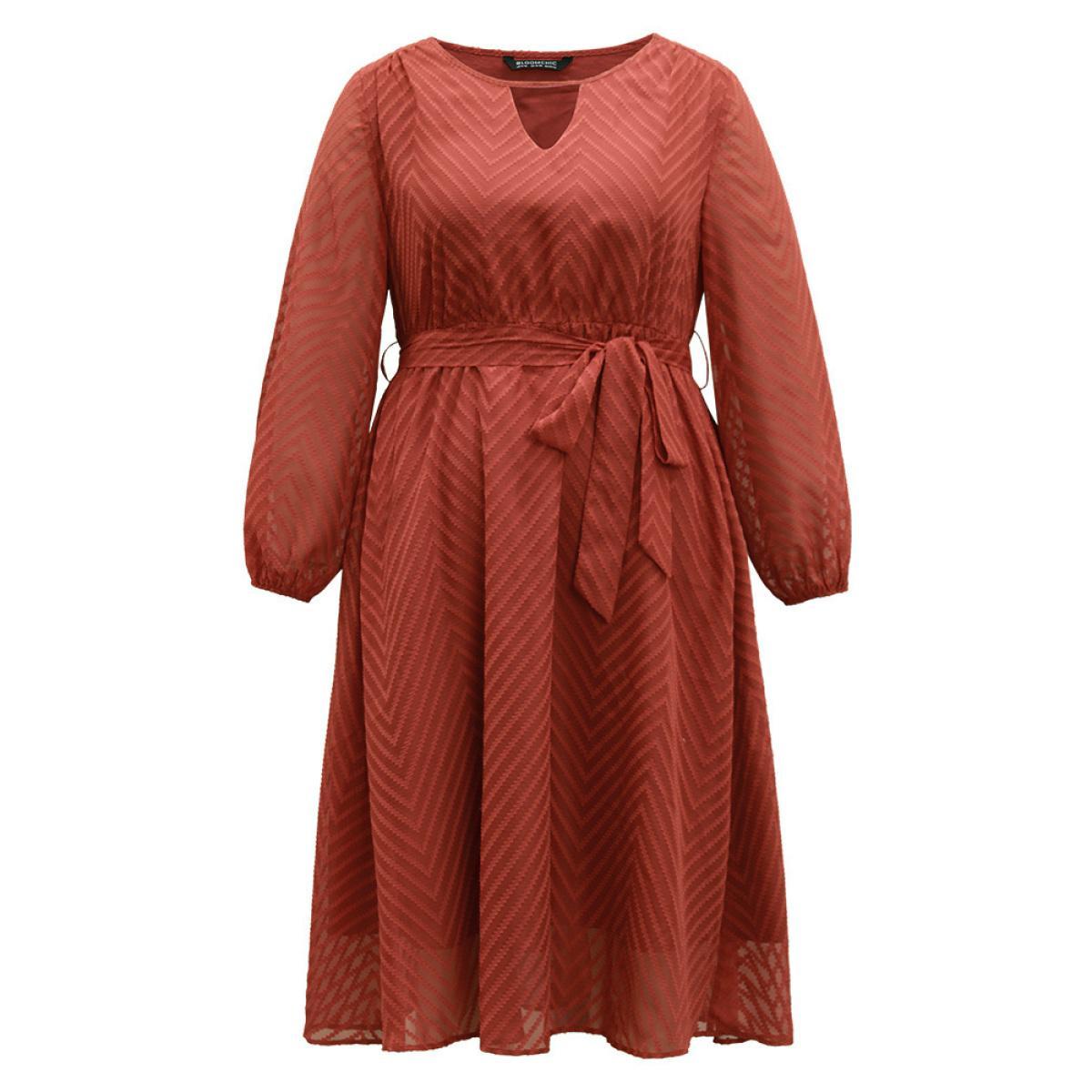 Plus Size Plain Mesh Texture Keyhole Belted Lantern Sleeve Dress Rust Women Office Elastic cuffs Keyhole Cut-Out Long Sleeve Curvy Midi Dress BloomChic 14-16/1X Product Image
