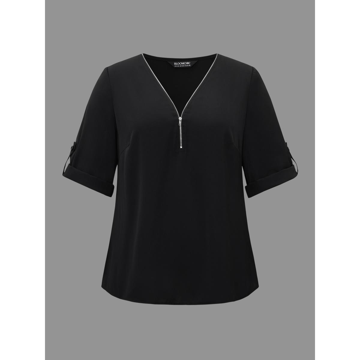 Plus Size Black Plain V Neck Half Zip Tab Sleeve Blouse Women Elegant Elbow-length sleeve V-neck Everyday Blouses BloomChic 30/6X Product Image