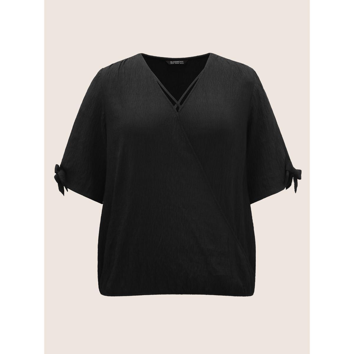 Plus Size Black Stretchy Woven Bowknot Cut Out Gathered Crisscross Blouse Women At the Office Half Sleeve V-neck Work Blouses BloomChic 14-16/1X Product Image