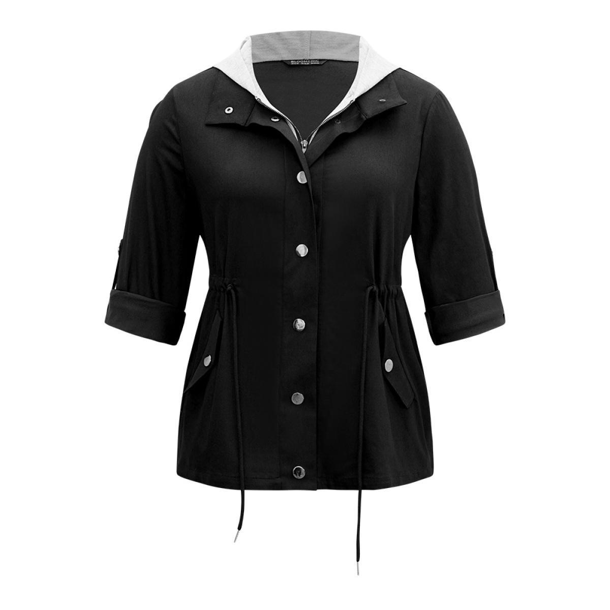 Plus Size Contrast Hooded Drawstring Zipper Button Up Jacket Women Black Contrast Pocket Dailywear Jackets BloomChic 18-20/2X Product Image