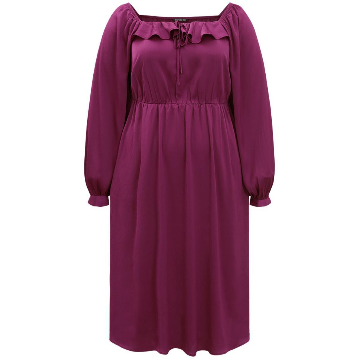 Plus Size Plain Flutter Trim Ties Split Side Dress Purple Women Elegant Gathered Square Neck Long Sleeve Curvy Midi Dress BloomChic 18-20/2X Product Image