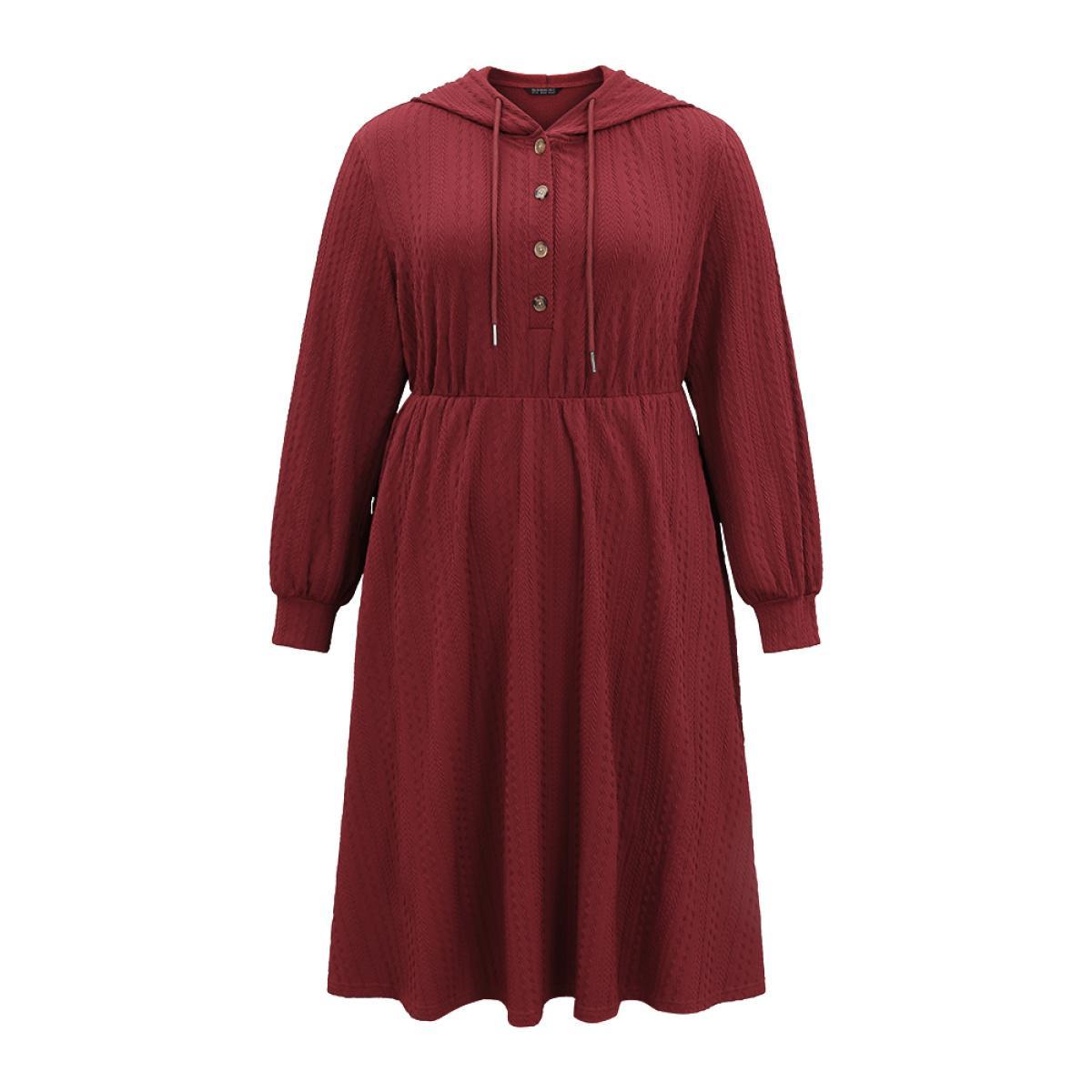 Plus Size Solid Textured Hooded Button Up Dress Scarlet Women Casual Texture Hooded Long Sleeve Curvy Midi Dress BloomChic 22-24/3X Product Image