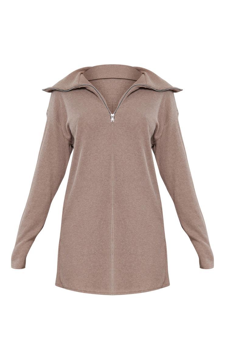Mocha Rib High Neck Half Zip Oversized Sweater Dress Product Image