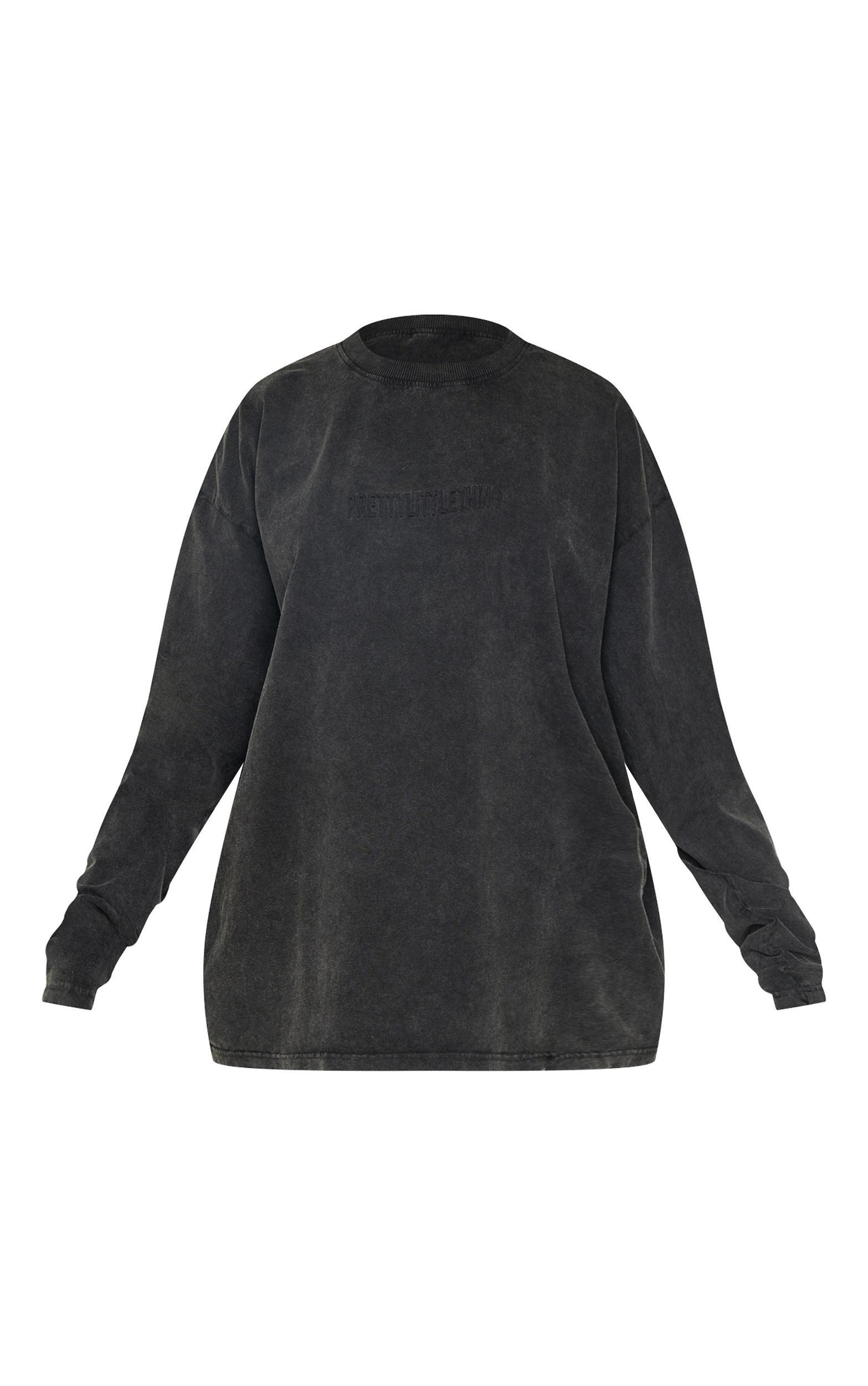 PRETTYLITTLETHING Black Embossed Logo Washed Long Sleeve T-shirt Product Image