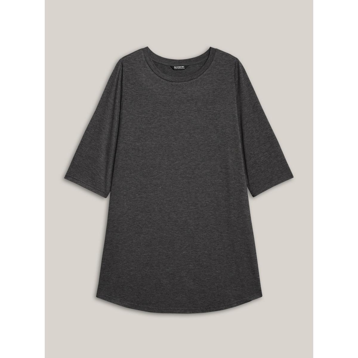 Plus Size Solid Slit Round Neck Tunic T-Shirt DimGray Women Casual Slit Round Neck Loose Everyday T-shirts BloomChic 26/4X Product Image