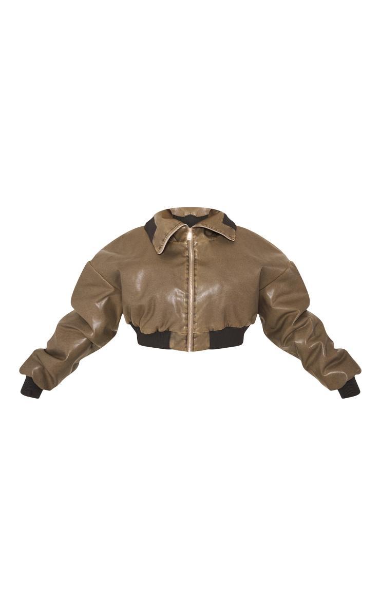Plus Dark Khaki Faux Leather Washed Cropped Fold Over Puffer Jacket Product Image