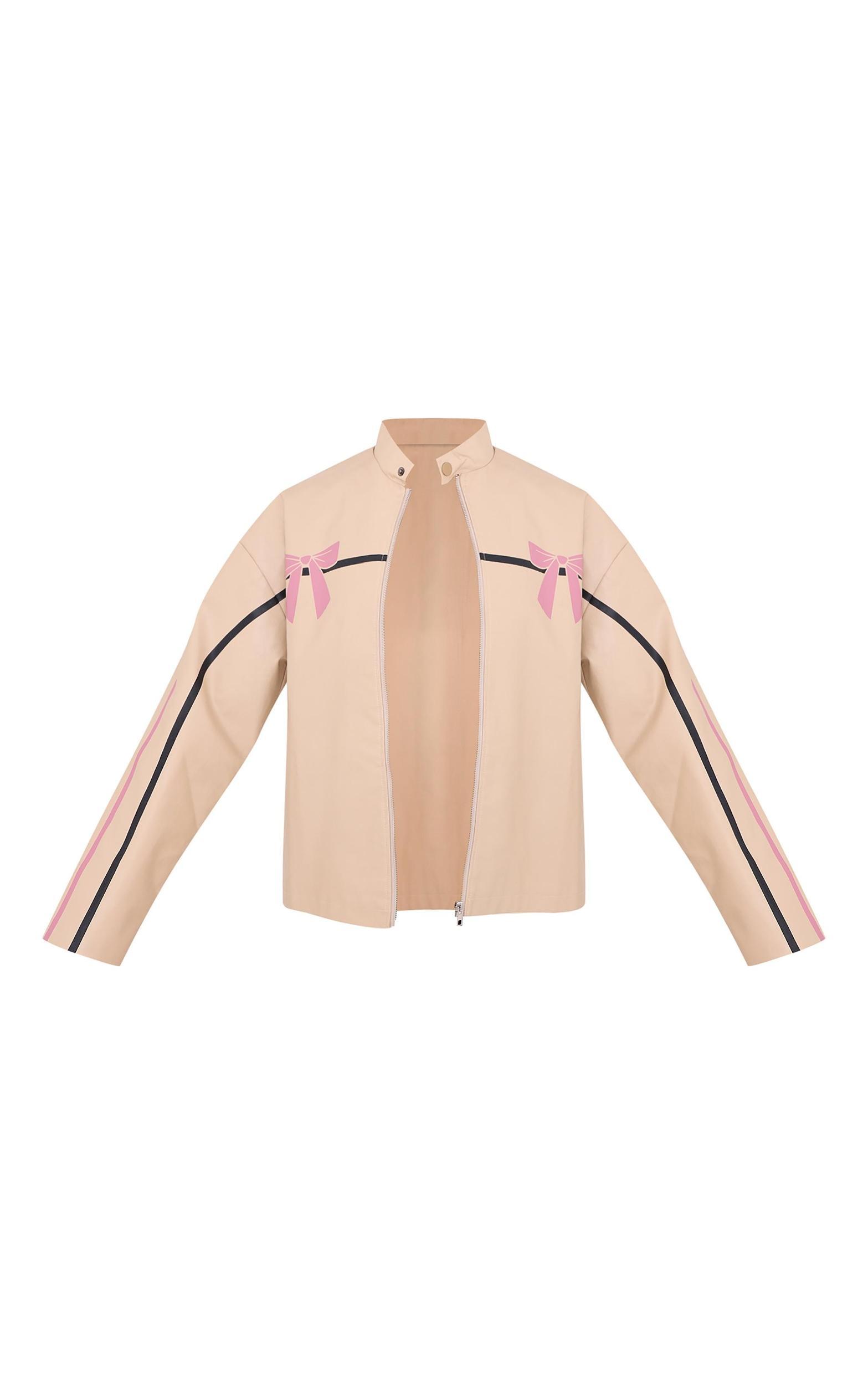 Cream Faux Leather Bow Print Detail Jacket Product Image