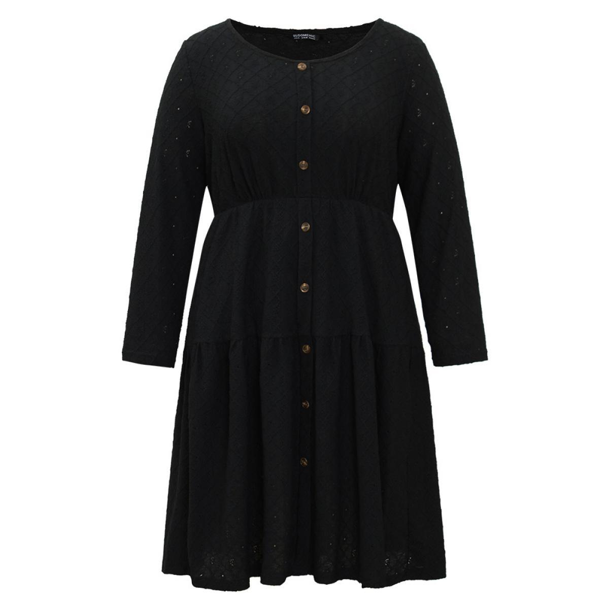 Plus Size Plain Gathered Button Detail Texture Ruffle Hem Dress Black Women Office Texture Round Neck Long Sleeve Curvy Midi Dress BloomChic 26/4X Product Image