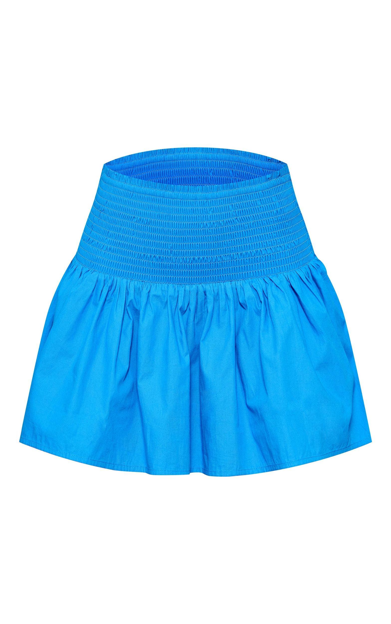 Bright Blue Cotton Poplin Shirred Waist Mini Skirt Product Image