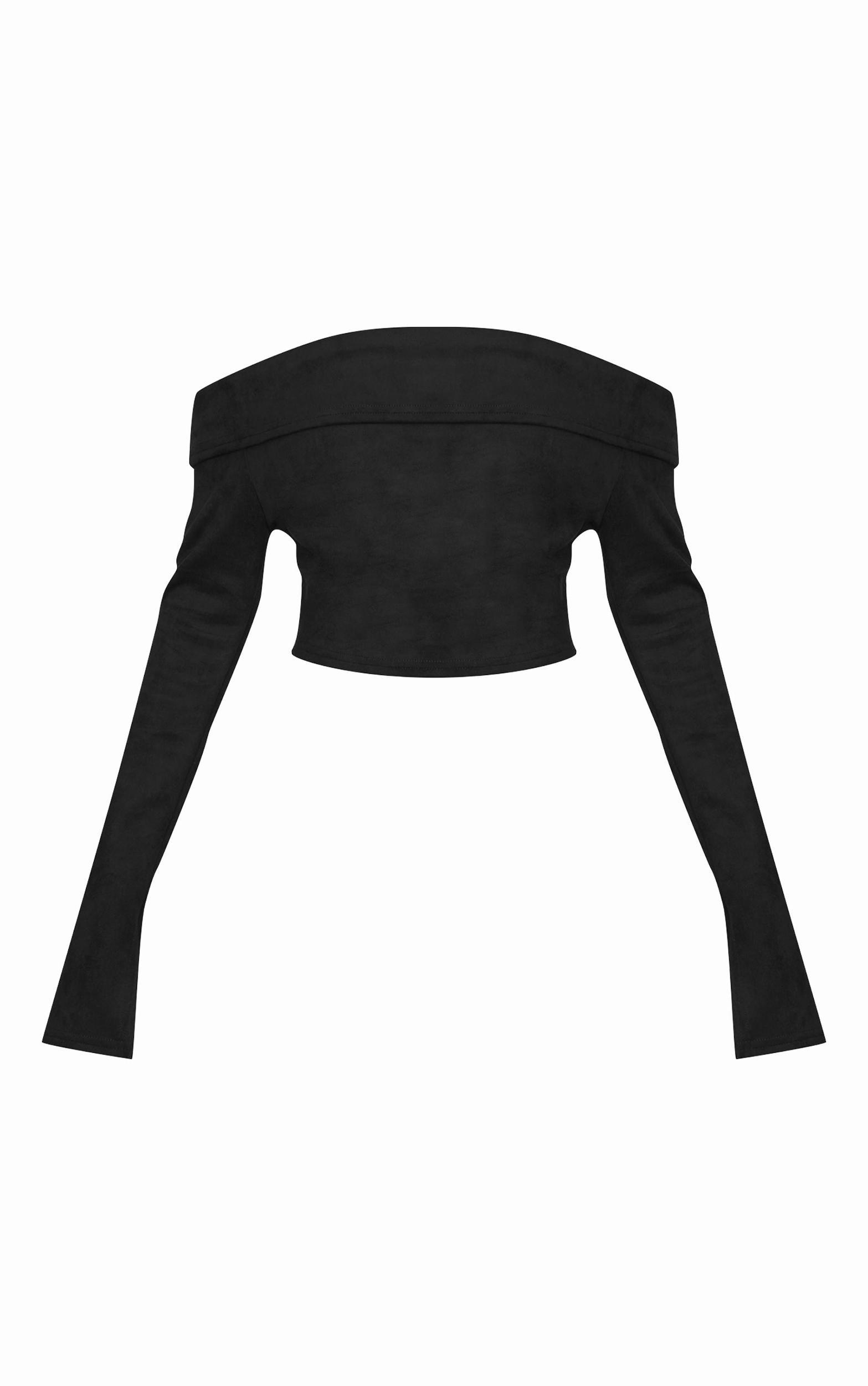 Black Faux Suede Fold Over Bardot Long Sleeve Top Product Image