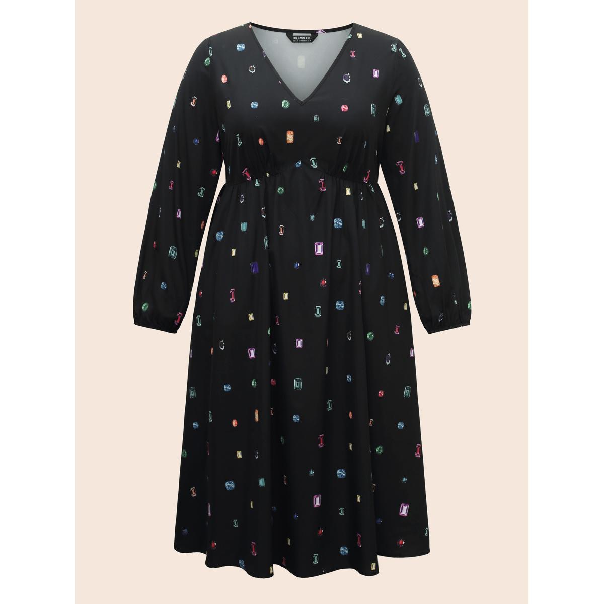 Plus Size Color Diamond Print V Neck Dress Black Women Cocktail Non Party Curvy Bloomchic 26/4X Product Image