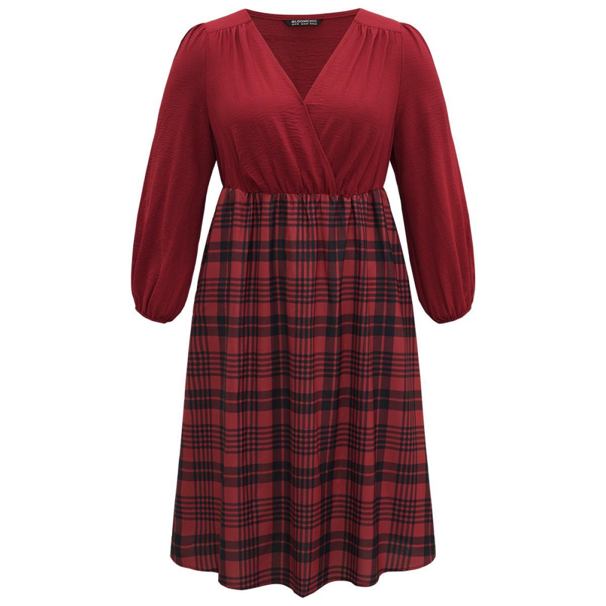 Plus Size Plaid Patchwork Gathered Lantern Sleeve Dress Raspberry Women Casual Elastic cuffs V-neck Long Sleeve Curvy Midi Dress BloomChic 14-16/1X Product Image