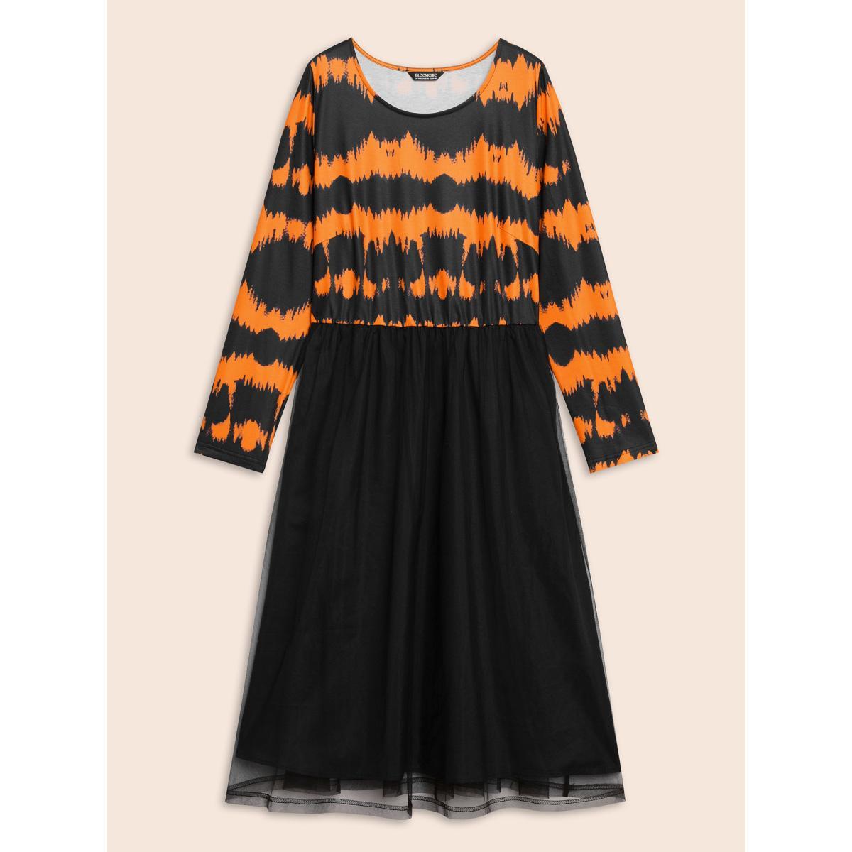 Plus Size Soft Knit And Chiffon Contrast Midi Dress Brightorange Women Cocktail Contrast Party Curvy Bloomchic 26/4X Product Image