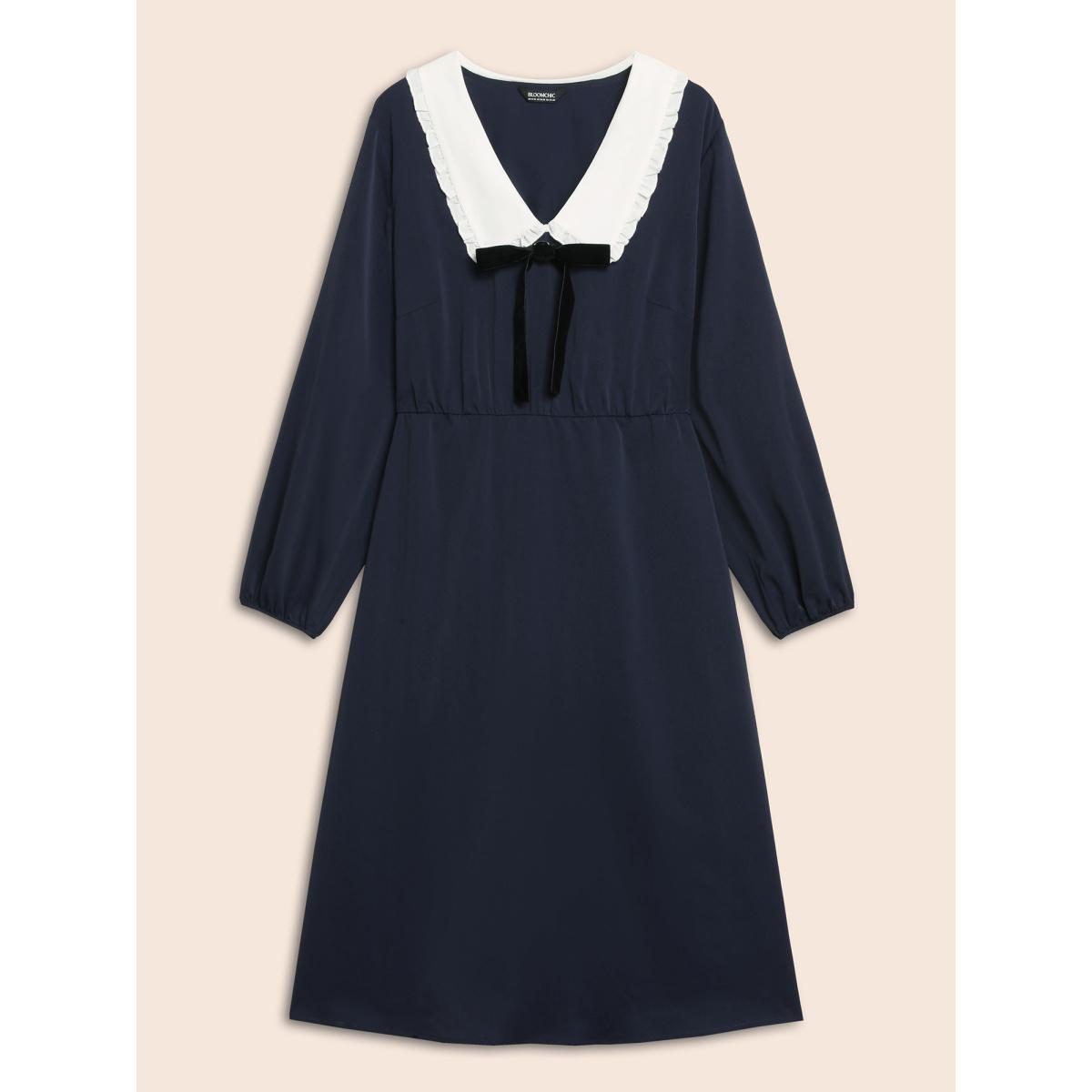 Plus Size Lapel Collar Bowknot Frill Trim Dress Navy Women Elegant Contrast Peter Pan collar Long Sleeve Curvy BloomChic 10/M Product Image