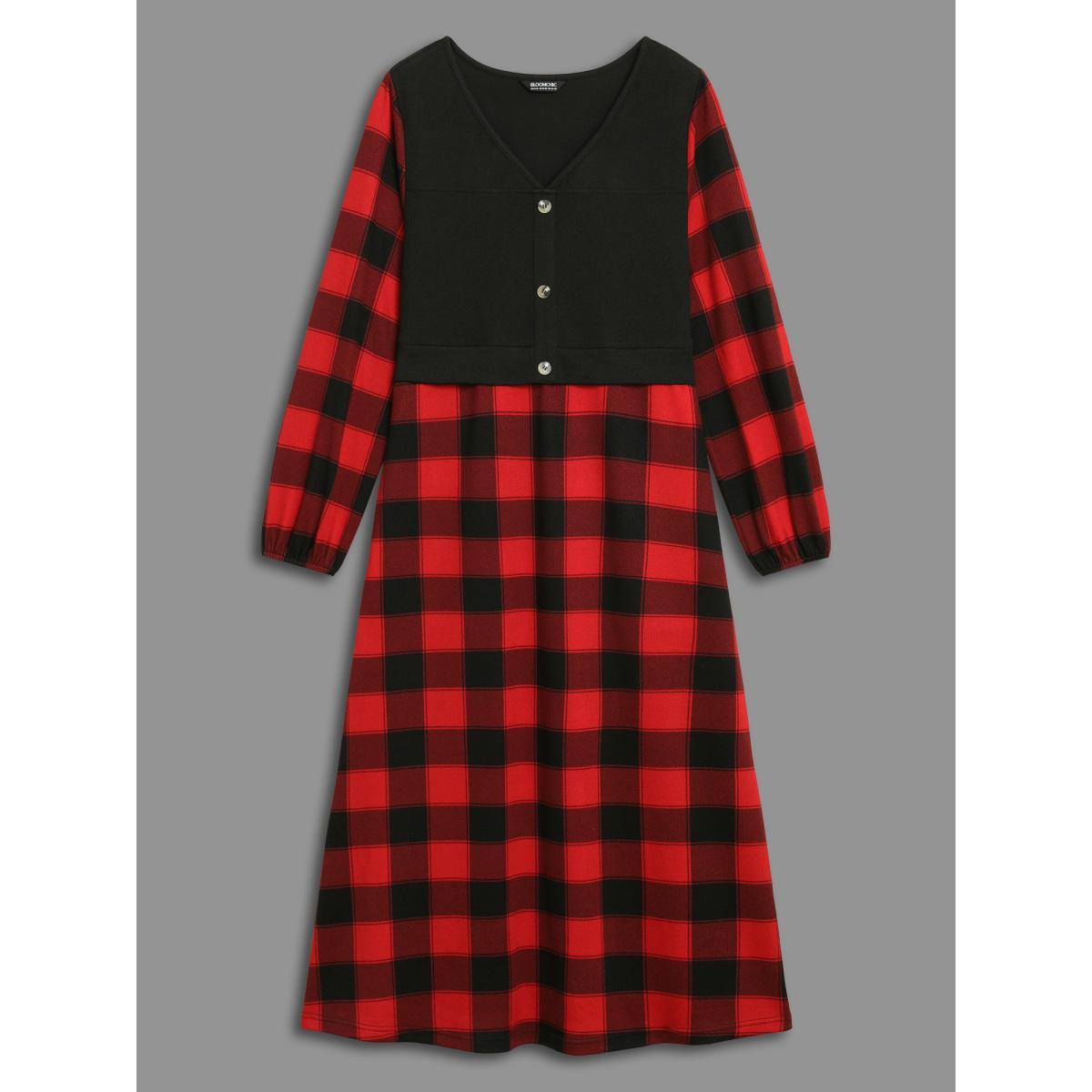Plus Size Vest Design Fit-and-Flare Midi Dress Crimson Women Elegant Patchwork Party Curvy Bloomchic 30/6X Product Image