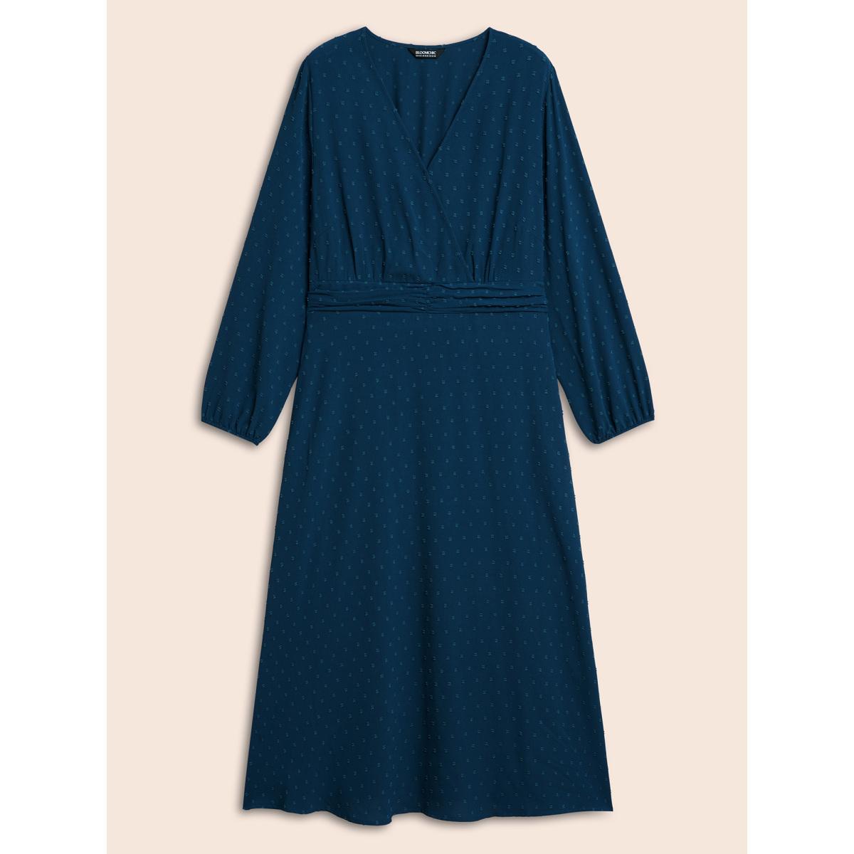 Plus Size Overlap Collar Textured Ruched Dress Aegean Women Elegant Texture Overlap Collar Long Sleeve Curvy BloomChic 22-24/3X Product Image