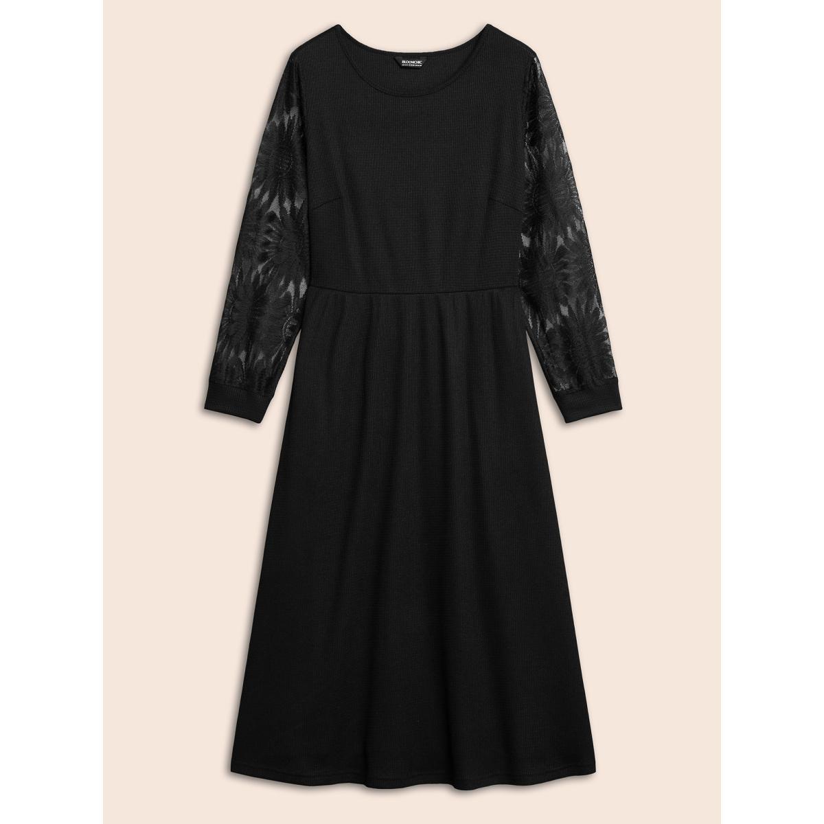 Plus Size Sheer Textured Sleeve Waist Cinched Midi Dress Black Women Elegant Texture Knit Dresses Bloomchic 10/M Product Image