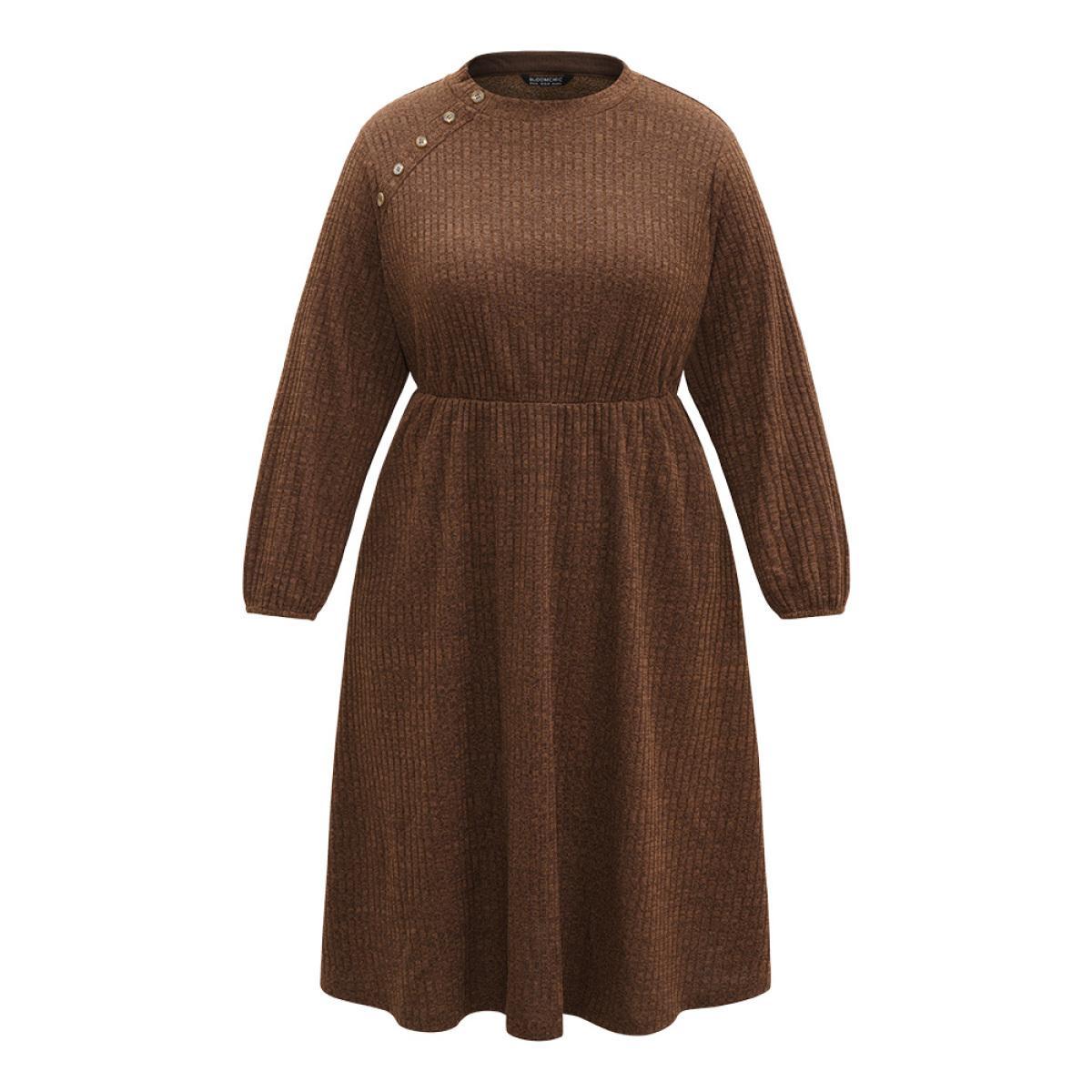 Plus Size Rib Knit Mock Neck Button Detail Lantern Sleeve Dress DarkBrown Women Office Elastic cuffs Mock Neck Long Sleeve Curvy Midi Dress BloomChic 12/L Product Image