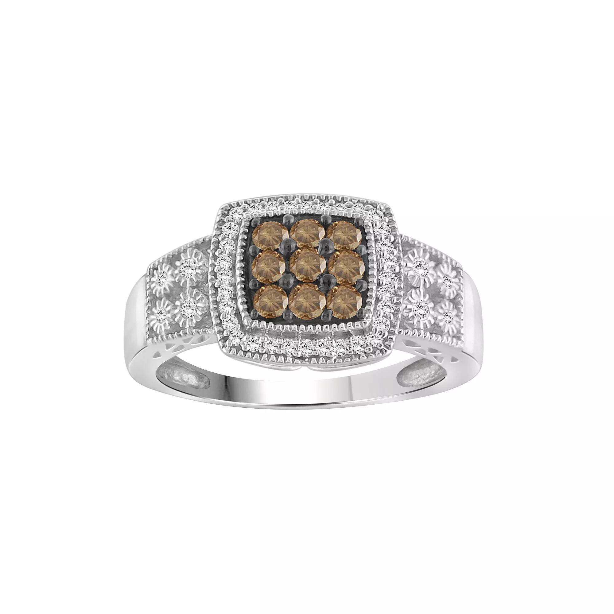 Jewelexcess Sterling Silver 1/2 Carat T.W. Champagne & White Diamond Halo Square Ring, Women's, Size: 7 Product Image