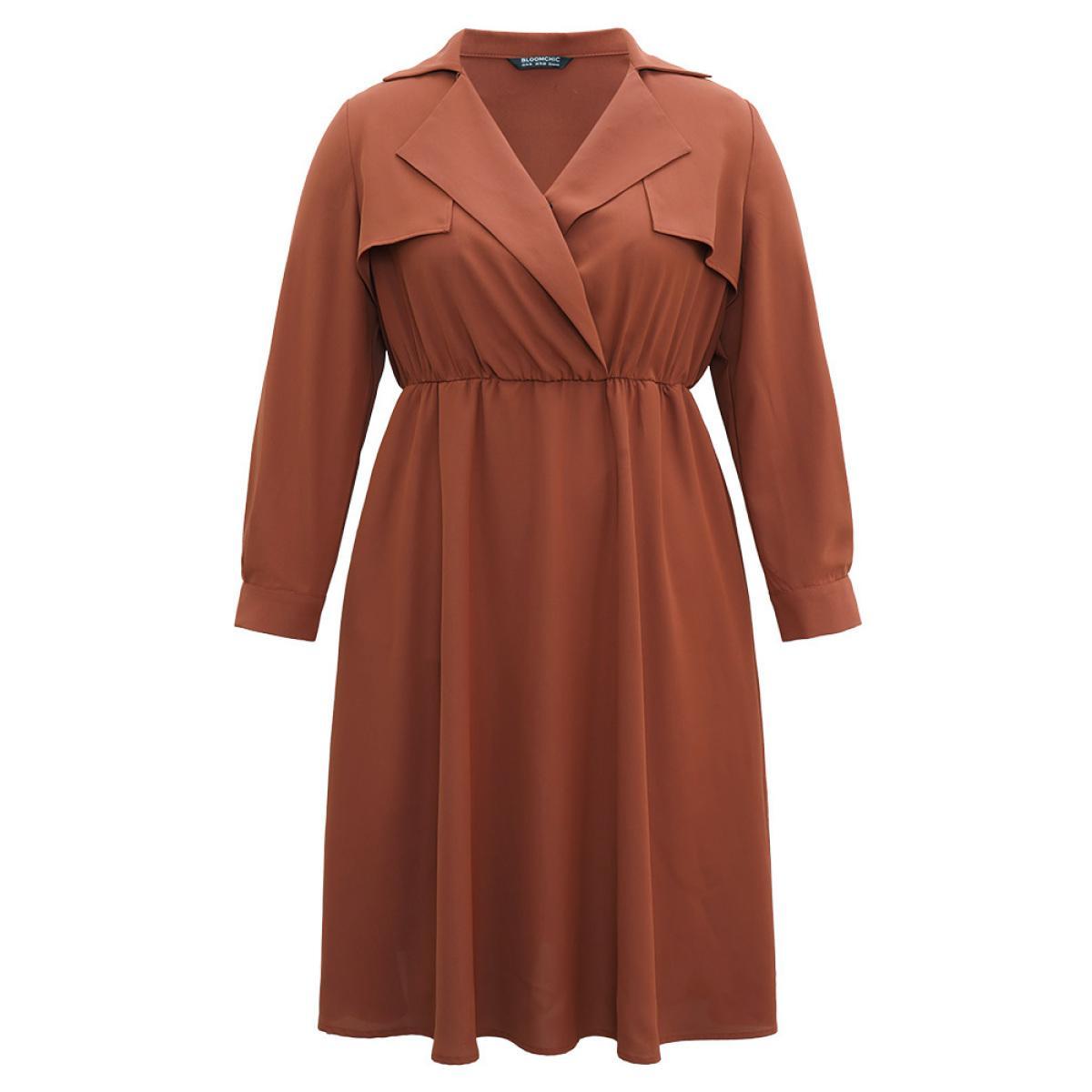 Plus Size Static-Free Plain Lapel Collar Belted Pocket Dress Maroon Women At the Office Plain Lapel Collar Long Sleeve Curvy Midi Dress BloomChic 12/L Product Image
