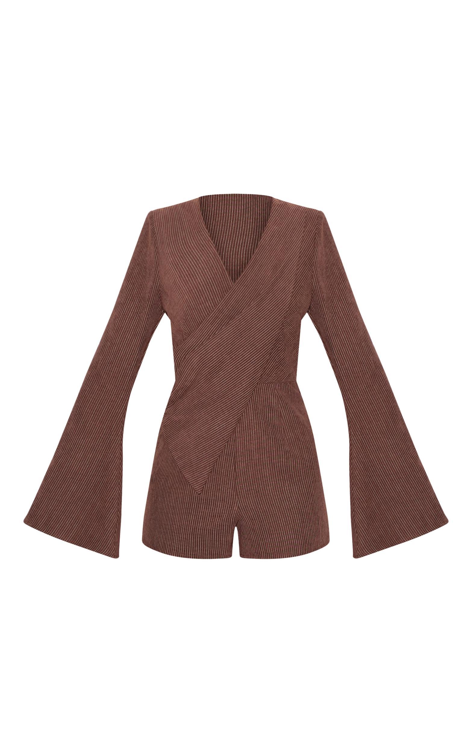 Brown Pinstripe Peachskin Wrap Front Long Sleeve Romper Product Image