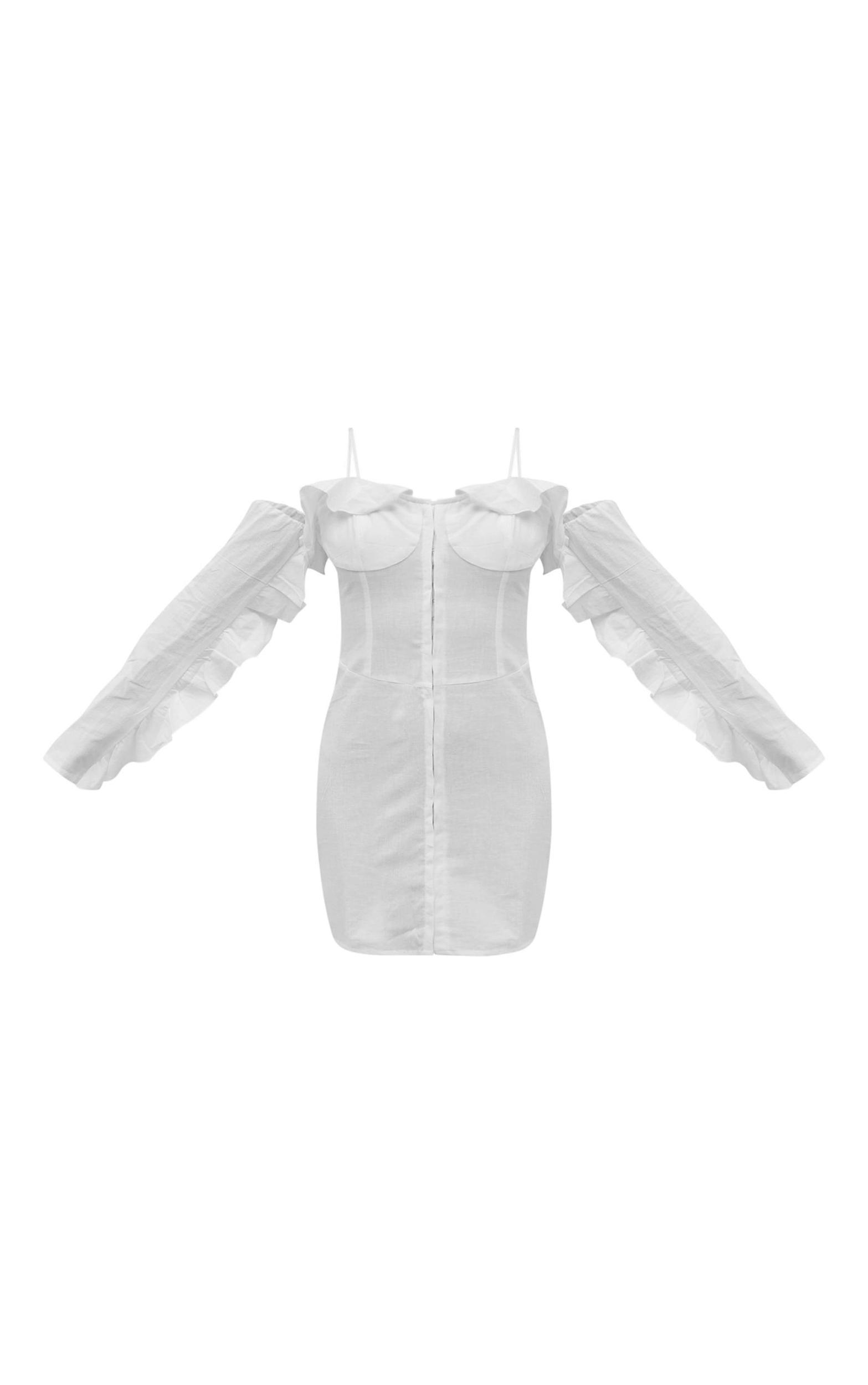 Cream Linen Look Frill Bardot Bodycon Dress Product Image