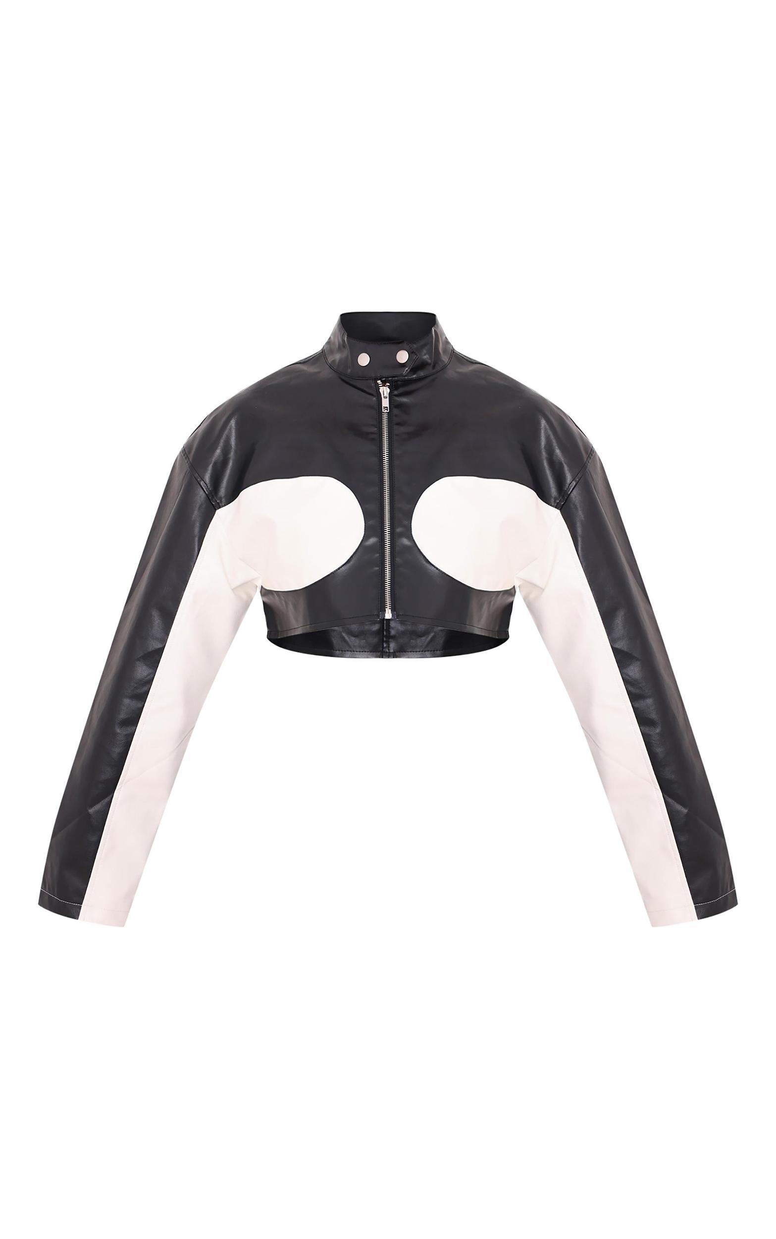 Monochrome Faux Leather Contrast Panel Cropped Jacket Product Image