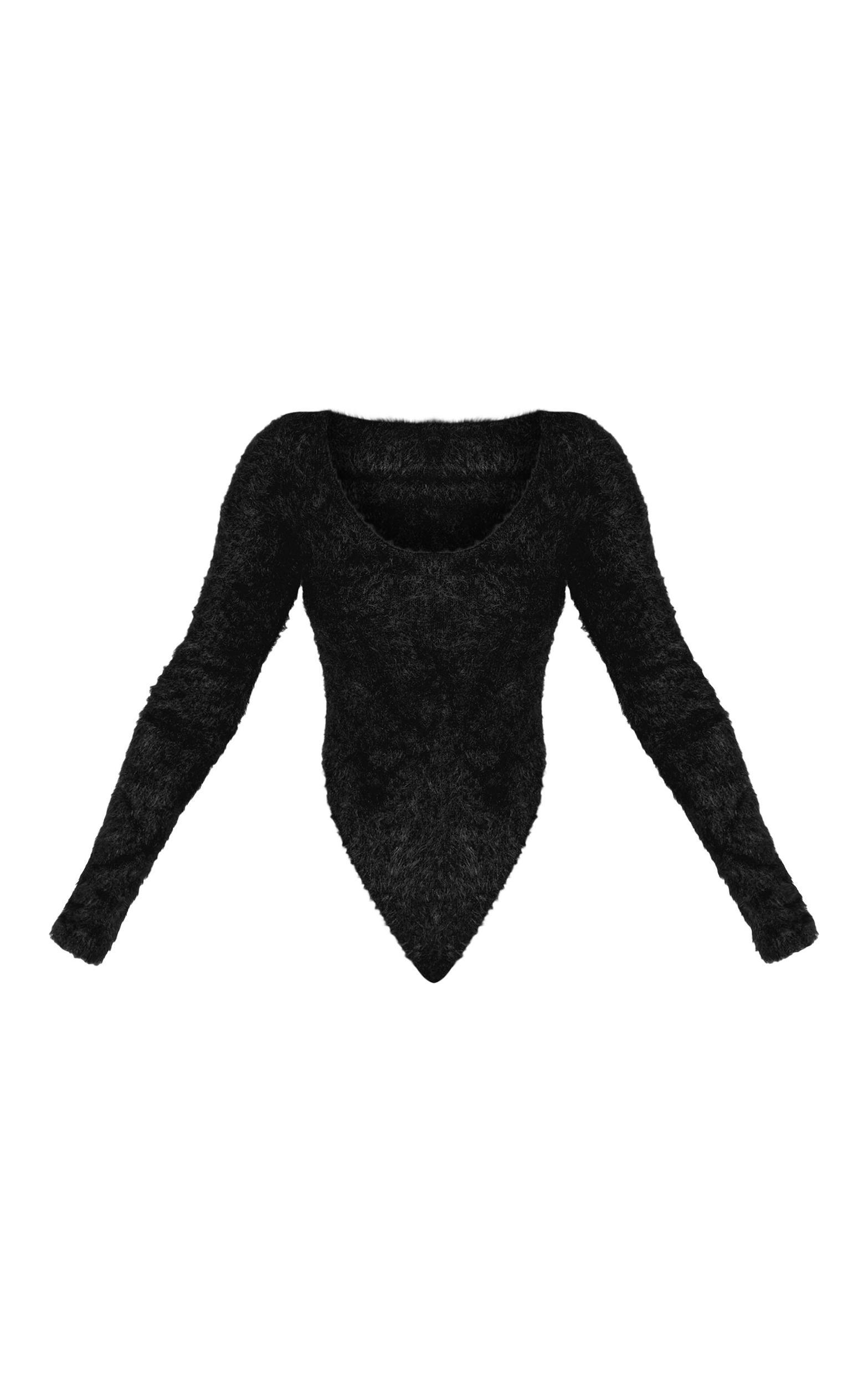 Petite Black Fluffy Round Neck Scoop Long Sleeve Bodysuit Product Image