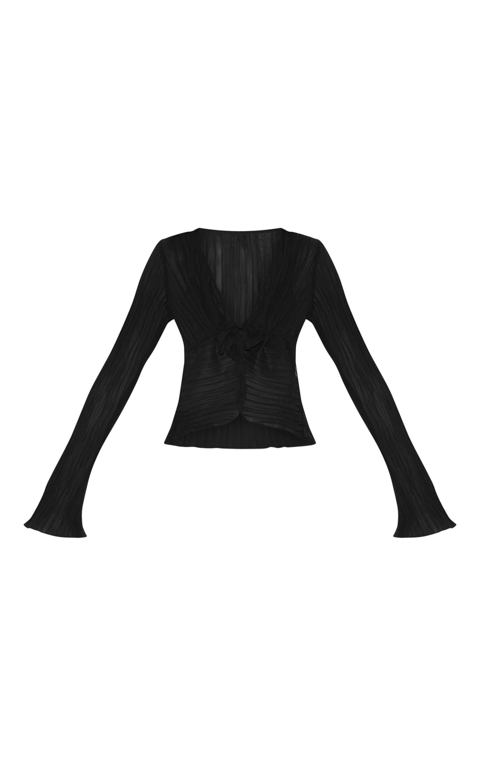 Black Sheer Plisse Tie Front Flute Sleeve Blouse Product Image