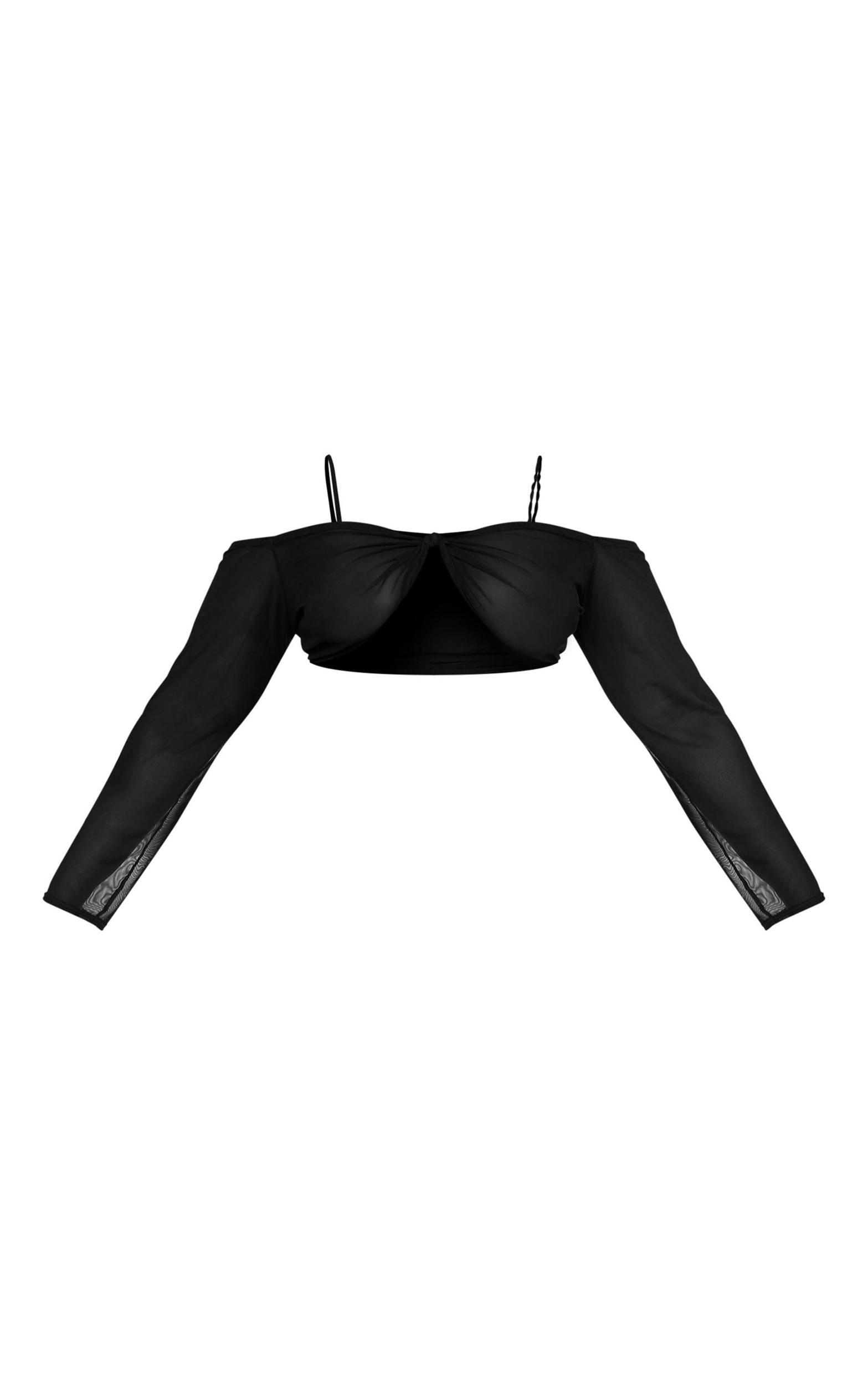 Plus Black Mesh Knot Front Long Sleeve Beach Top Product Image