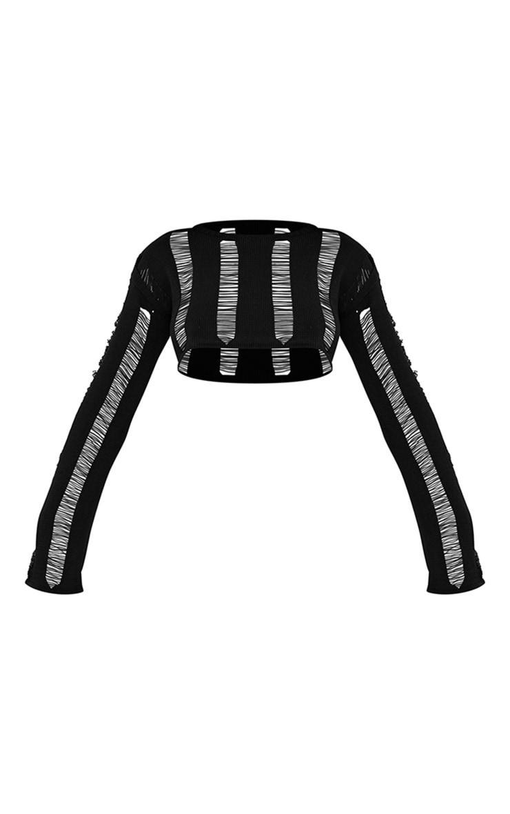  Black Laddering Knit Long Sleeve Crop Top Product Image