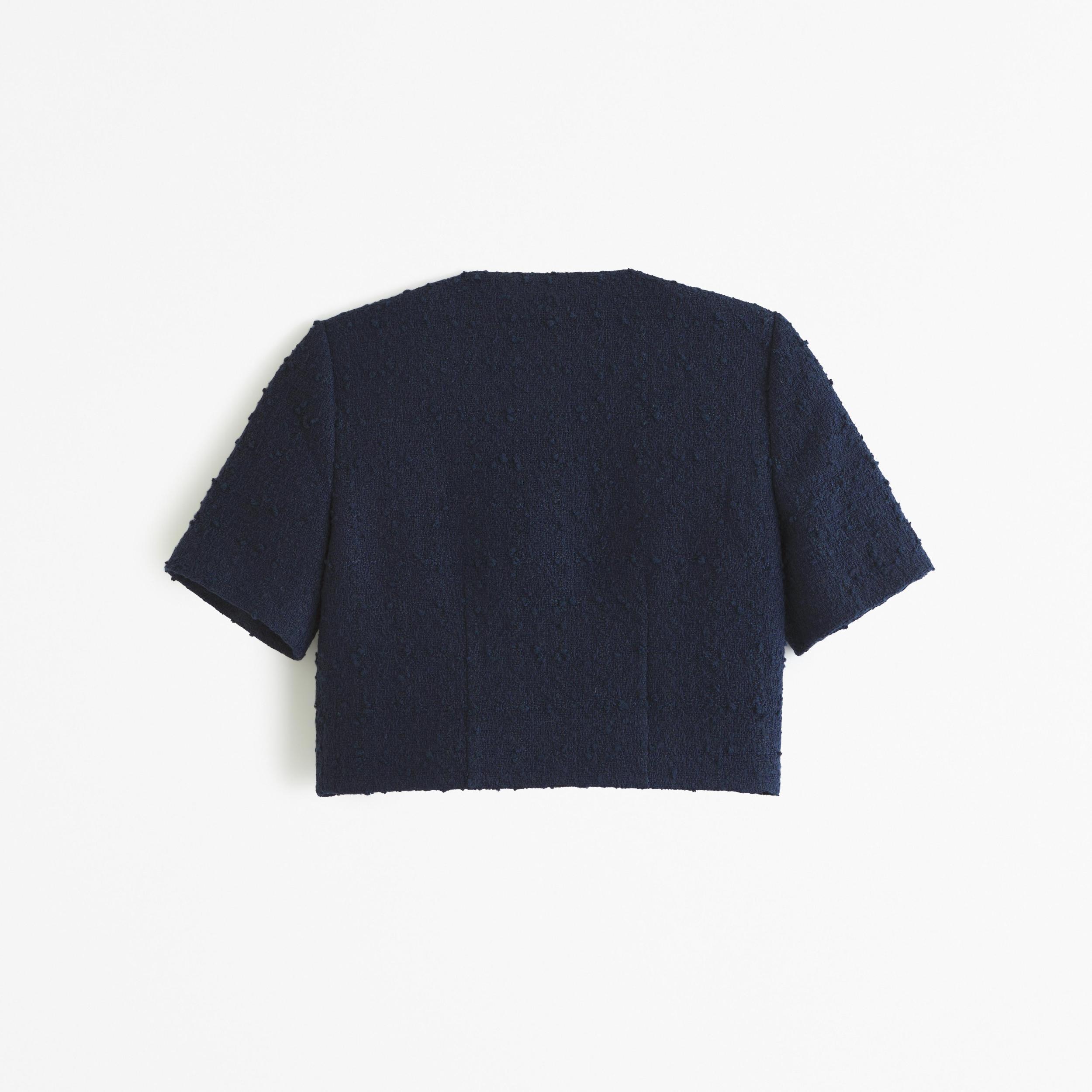 Short-Sleeve Collarless Tweed Jacket Product Image