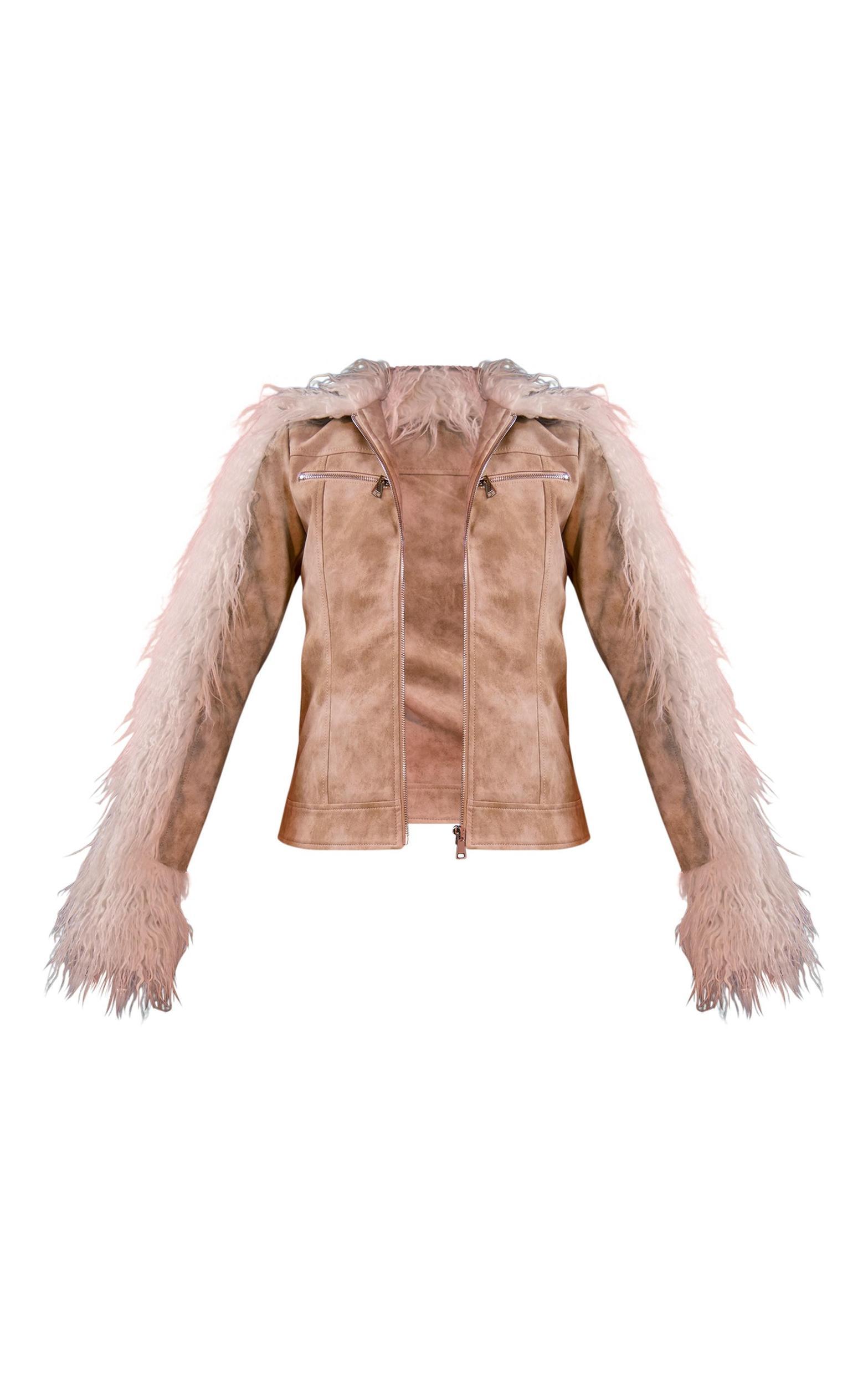 Cream Faux Fur Trim Contrast Faux Leather Zip Up Jacket Product Image