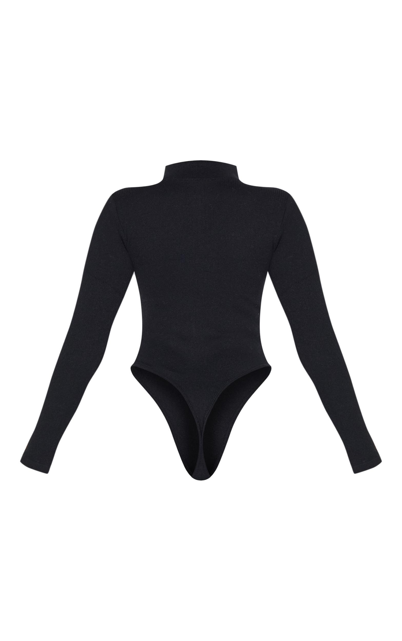 Black Snatched Rib Zip Up Long Sleeve Bodysuit Product Image