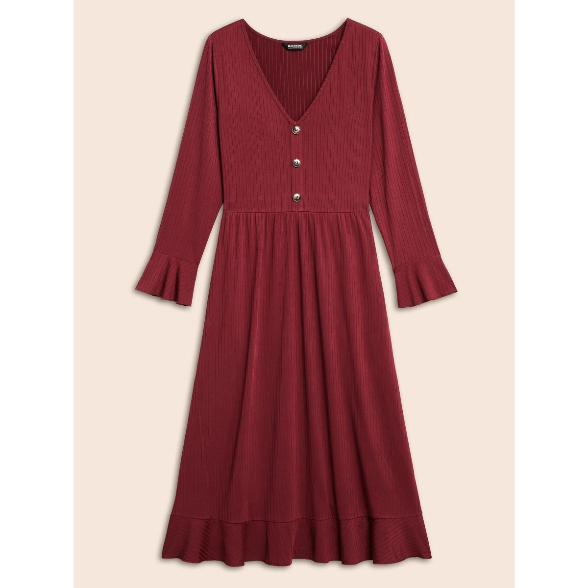 Plus Size V Neck Button Detail Rib Knit Dress Burgundy Women Casual Texture V-neck Long Sleeve Curvy BloomChic 28/5X Product Image