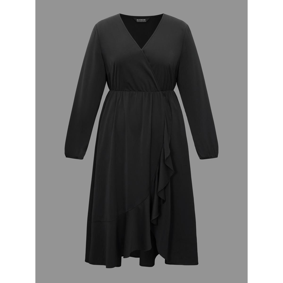 Plus Size Plain Overlap Collar Ruffle Trim Dress Black Women Elegant Overlapping Overlap Collar Long Sleeve Curvy BloomChic 22-24/3X Product Image