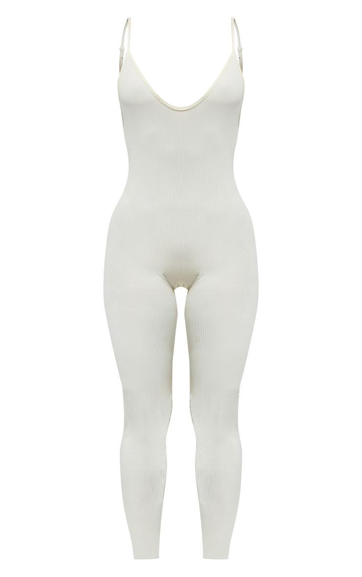 Cream Structured Snatched Rib Strappy Plunge Jumpsuit Product Image