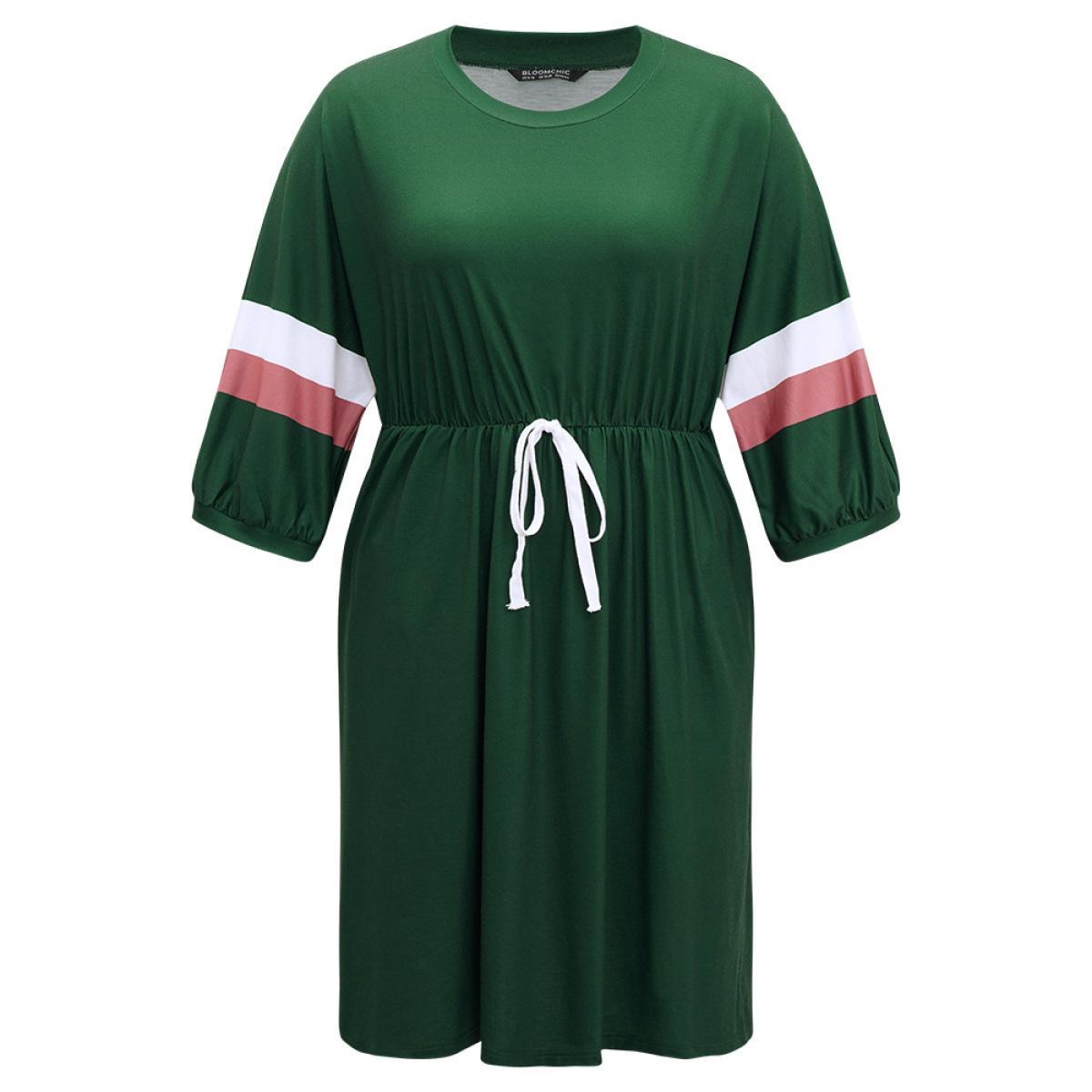 Plus Size Striped Contrast Pocket Bowknot Patchwork Dress DarkGreen Women Casual Cross straps Round Neck Elbow-length sleeve Curvy Midi Dress BloomChic 26/4X Product Image